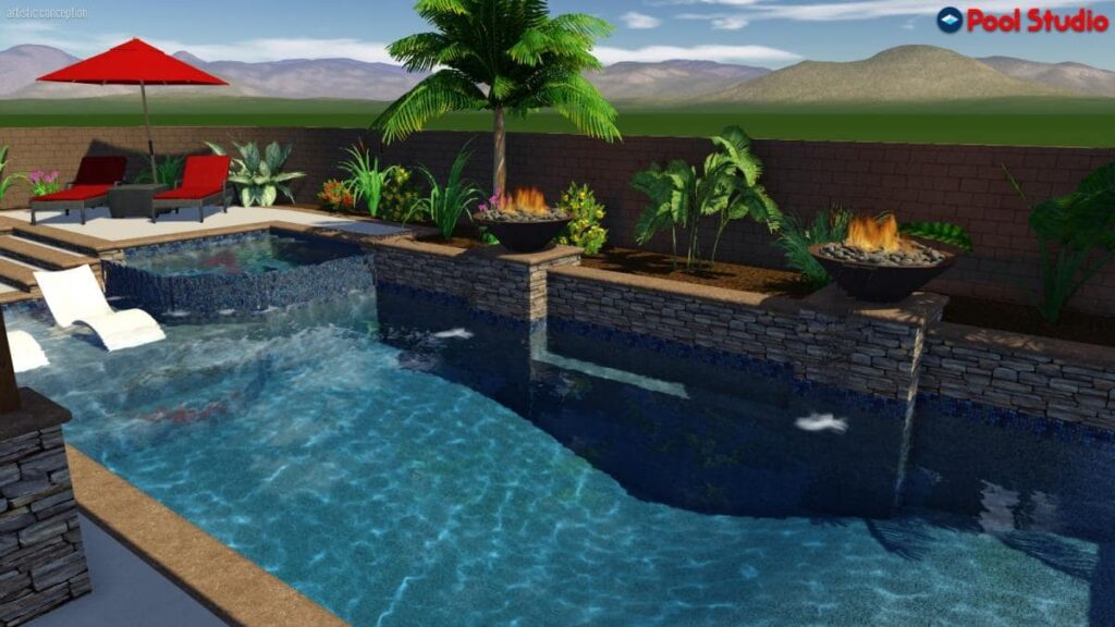 GRG Pool & Spa understands that building a great swimming pool is exciting, yet a long-term investment that you want to experience with your family and friends. We use Pool Studio’s exclusive Instant 3D technology, so you appreciate and recognize exactly how your custom design will appear, tailored fit to your home’s distinctive and exceptional features! With the 3D designs you will get a tangible look into the environment involving the terrain, lighting, water features, rock work, swimming pool depth, and even switch the time of day to see what the design looks like during the day and night. With a powerful software supporting your custom design – you will have a library full of hundreds of materials to choose from, truly making your design come to life!